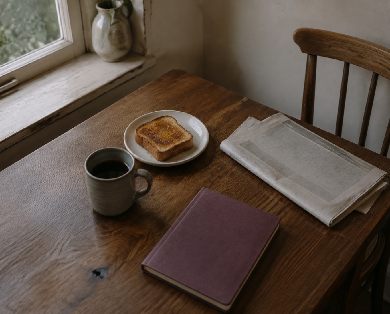 Toast, a mug, a closed plum notebook and a folded newspaper on a morning table.