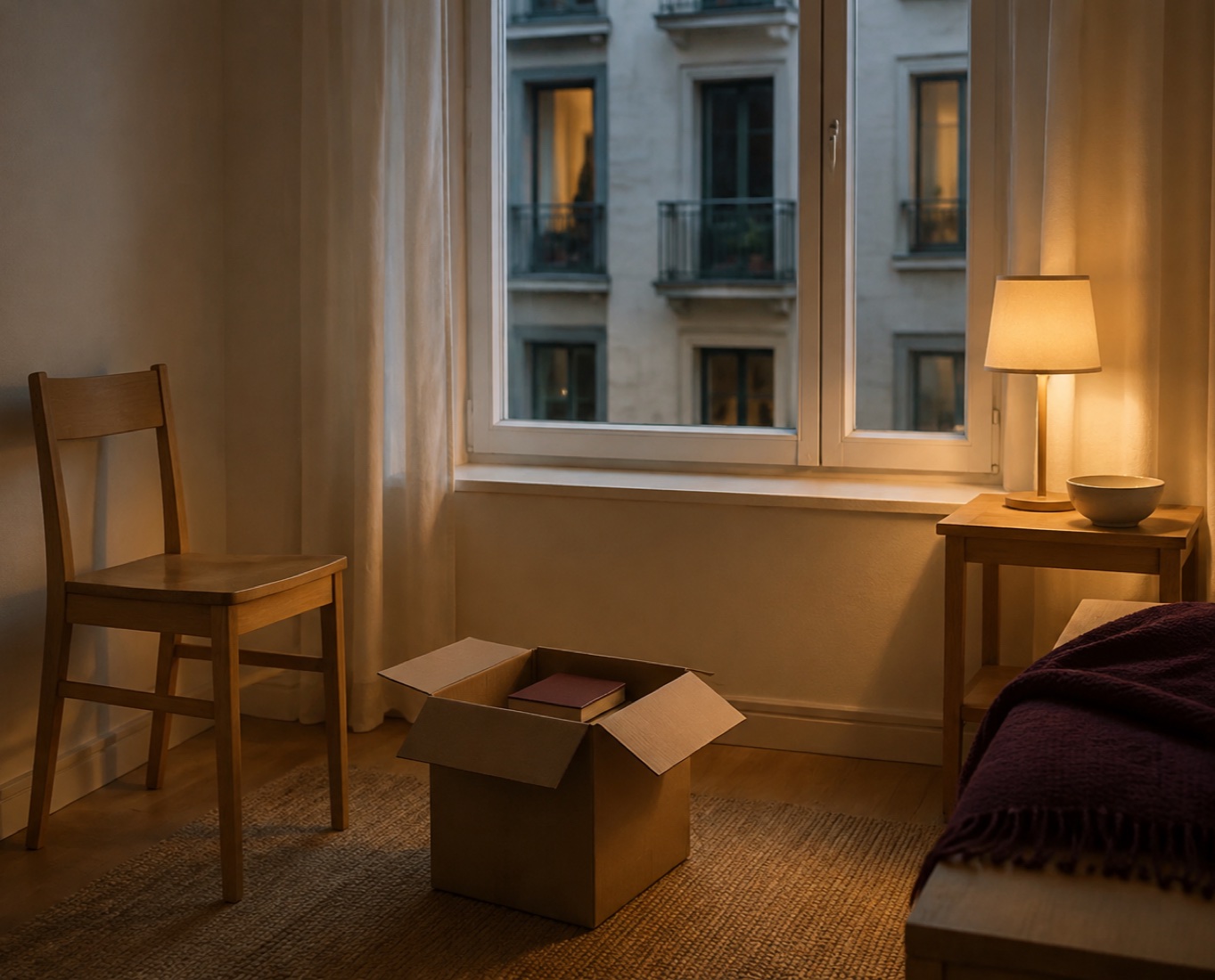 A newly occupied room with a chair, an open box and neighboring windows beyond the glass.