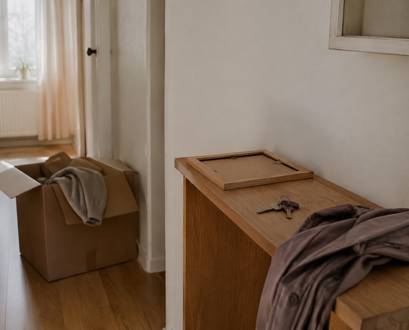 An open moving box, keys and a turned-over picture frame in a quiet hallway.